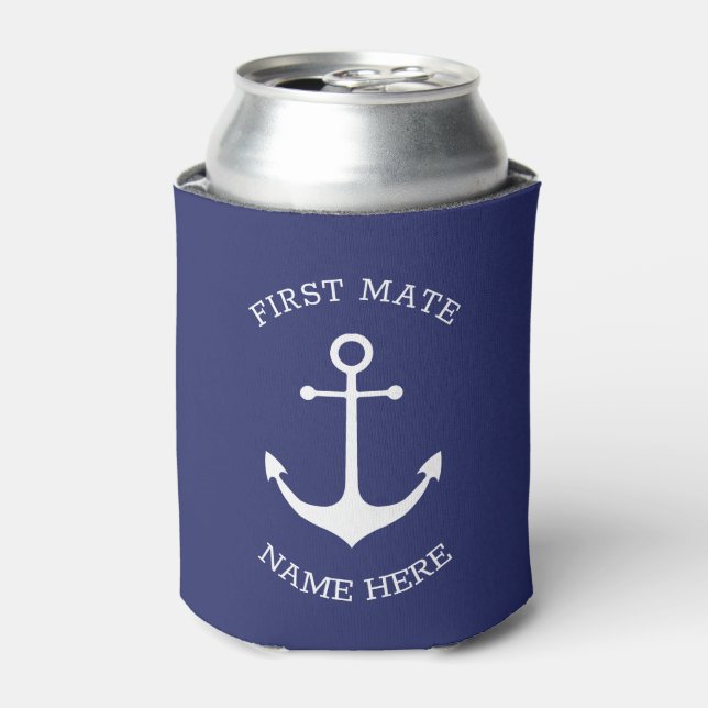 Custom Boat name, First Mate, nautical anchor navy Can Cooler (Can Front)