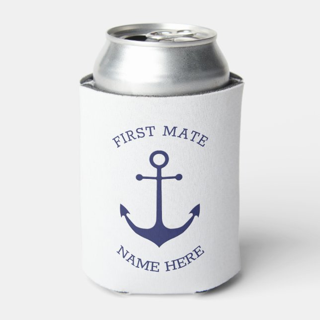 Custom Boat name, First Mate, nautical anchor navy Can Cooler (Can Front)