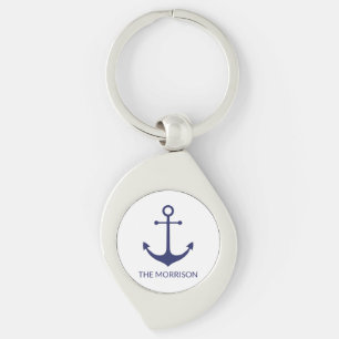 Custom Boat name nautical anchor navy blue white Key Ring