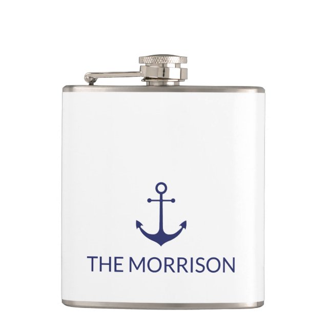 Custom Boat name nautical anchor navy minimalist Hip Flask (Front)