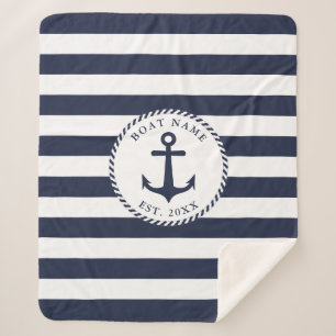 Custom Boat Name Nautical White Navy Blue Anchor Sherpa Blanket