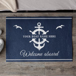 Custom Boat Name Ship’s Wheel Anchor Nautical Blue Doormat<br><div class="desc">Nautical boating doormat reading your custom boat name surrounded by a ship's well and anchor on modern navy blue with seagulls as well as a second line of text ready to be personalised.</div>