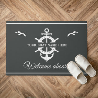Custom Boat Name Ship’s Wheel Anchor Nautical Grey Doormat