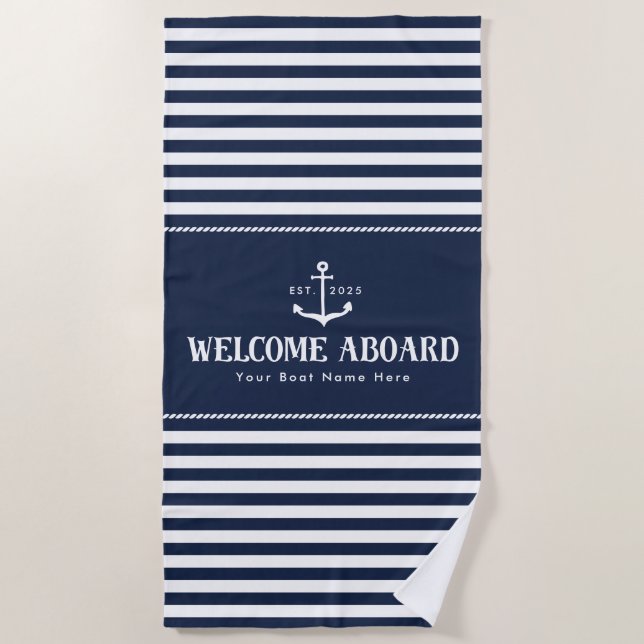 Custom Boat Name Striped Blue White Welcome Aboard Beach Towel (Front)