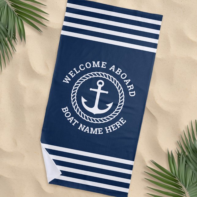Custom boat name welcome aboard anchor and rope beach towel (Creator Uploaded)