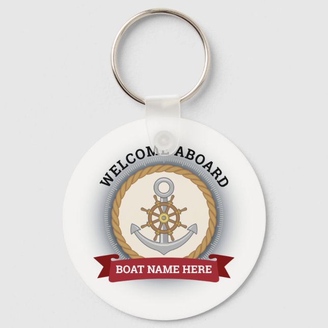 Custom boat name welcome aboard anchor and rope key ring (Front)