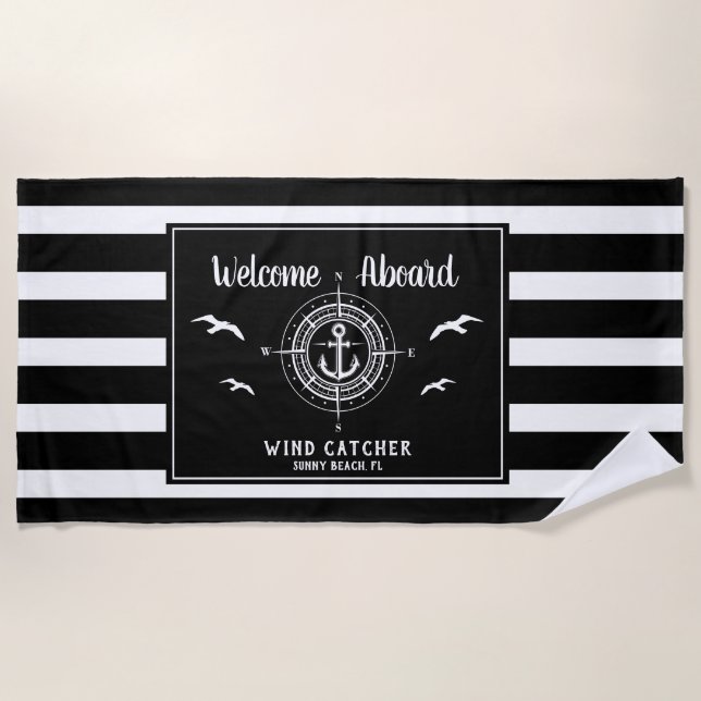 Custom Boat Name Welcome Aboard Compass Beach Towel (Front)