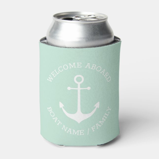 Custom Boat name Welcome Aboard nautical anchor Can Cooler (Can Front)