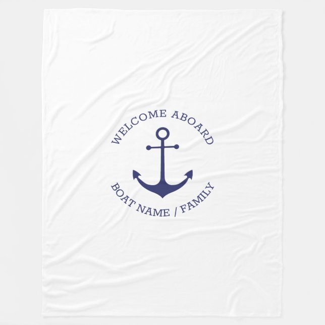 Custom Boat name Welcome Aboard nautical anchor Fleece Blanket (Front)