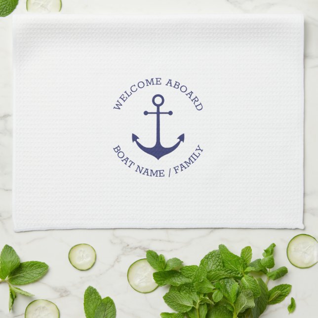 Custom Boat name Welcome Aboard nautical anchor Tea Towel (Folded)