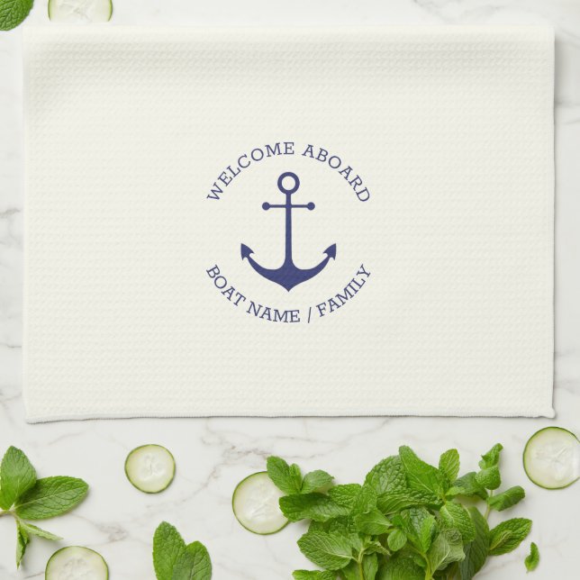 Custom Boat name Welcome Aboard nautical anchor Tea Towel (Folded)