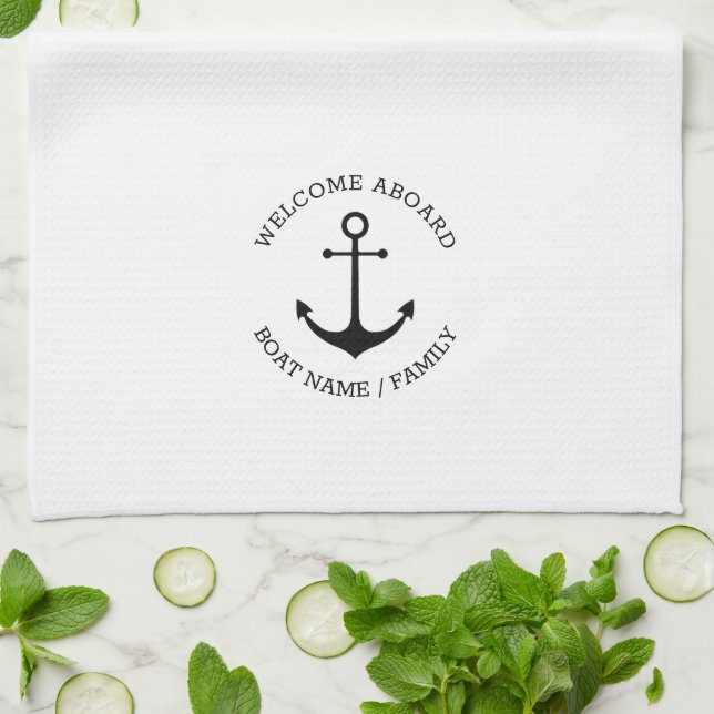 Custom Boat name Welcome Aboard nautical anchor Tea Towel (Folded)