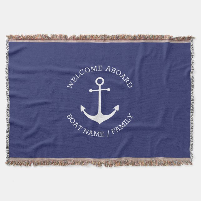 Custom Boat name Welcome Aboard nautical anchor Throw Blanket (Front)