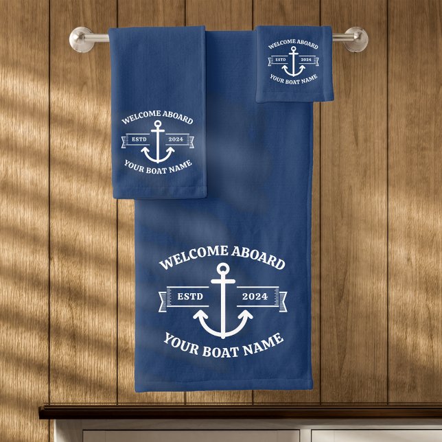Custom Boat Name Welcome Aboard Navy Blue Anchor Bath Towel Set (Creator Uploaded)