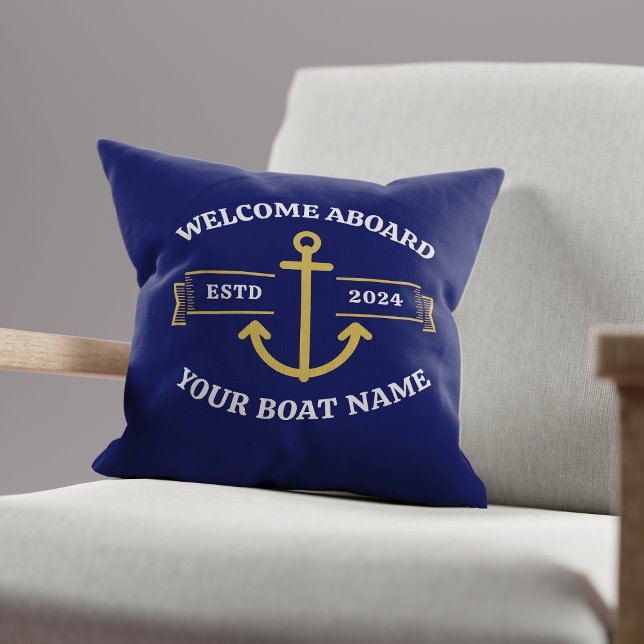 Custom Boat Name Welcome Aboard Navy Blue & Gold Cushion (Creator Uploaded)