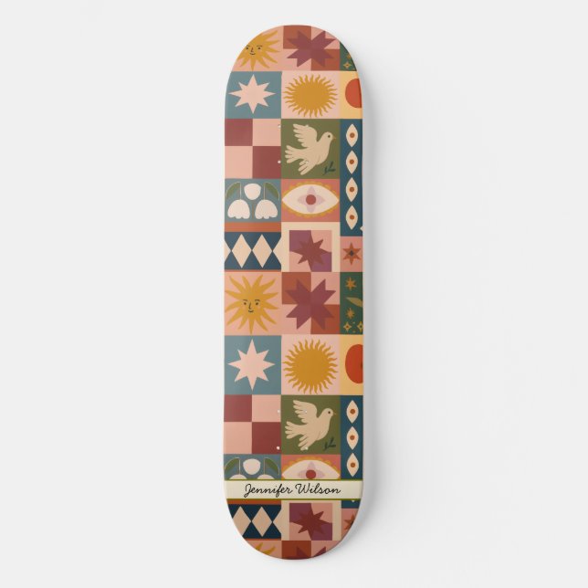 Custom Bohemian Celestial Patchwork Mystical Skateboard (Front)