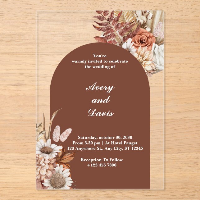 Custom Bohemian floral acrylic wedding invitations (Front)
