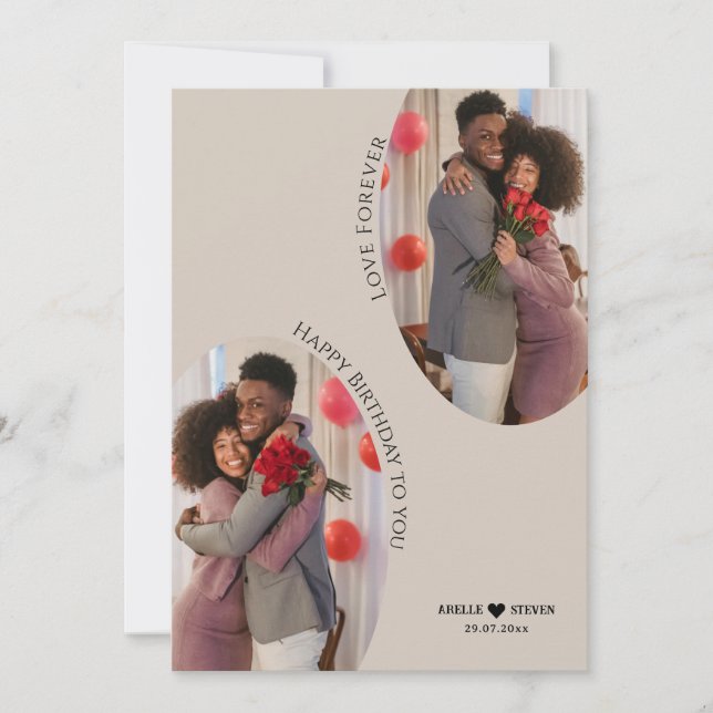 Custom Boho Arch Birthday Two Photo Holiday Card (Front)