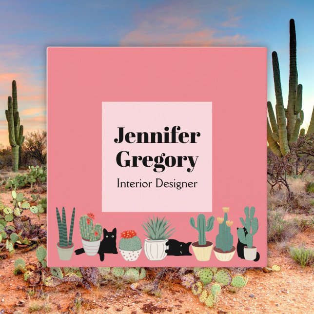 Custom Boho Black Cats and Cactus Fun Simple Pink Square Business Card (Creator Uploaded)