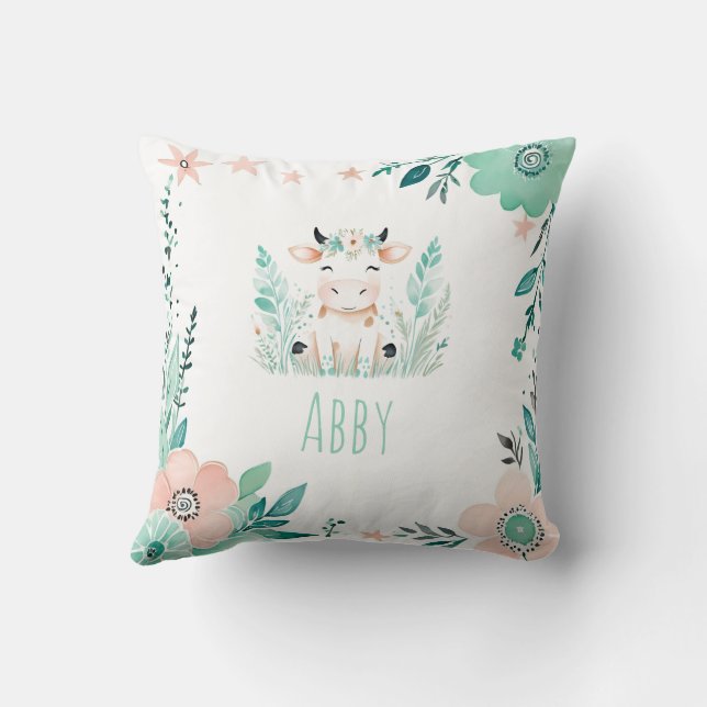 Custom Boho Cute Calf Pillow Pastel Green  (Back)