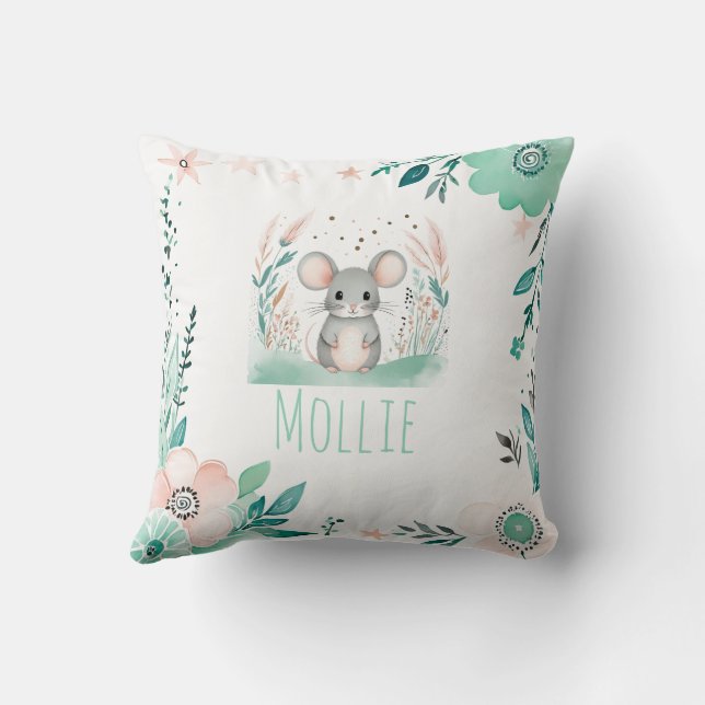 Custom Boho Cute Mouse Pillow Pastel Green  (Back)