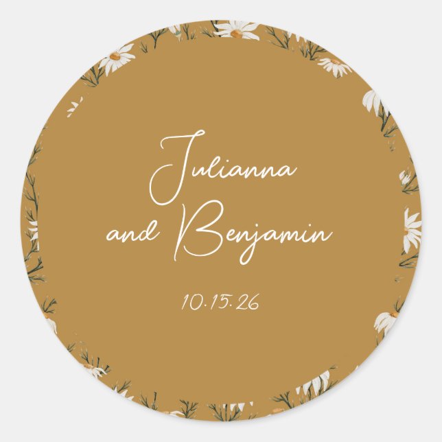 Custom Boho Floral Yellow Script Names Wedding Cla Classic Round Sticker (Front)