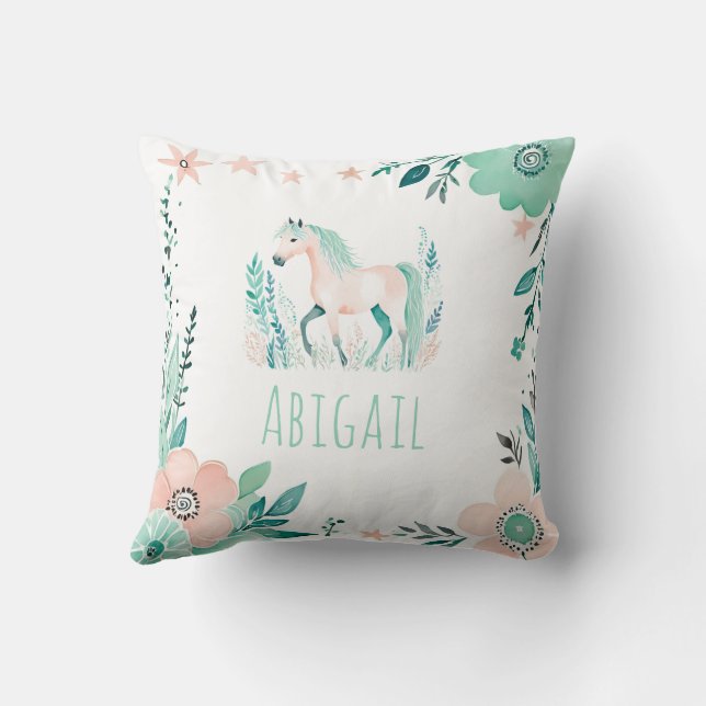 Custom Boho Horse Pillow Pastel Green  (Back)