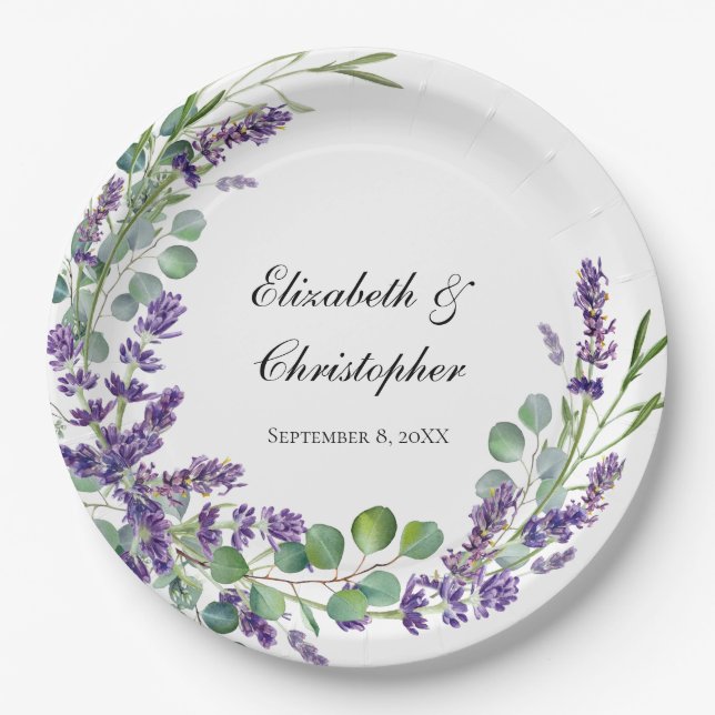 Custom Boho Lavender Eucalyptus Wedding Paper Plate (Front)