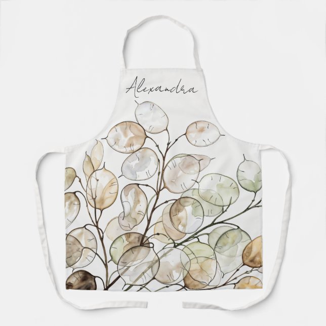 Custom Boho Lunaria Watercolor Botanical Floral Apron (Front)