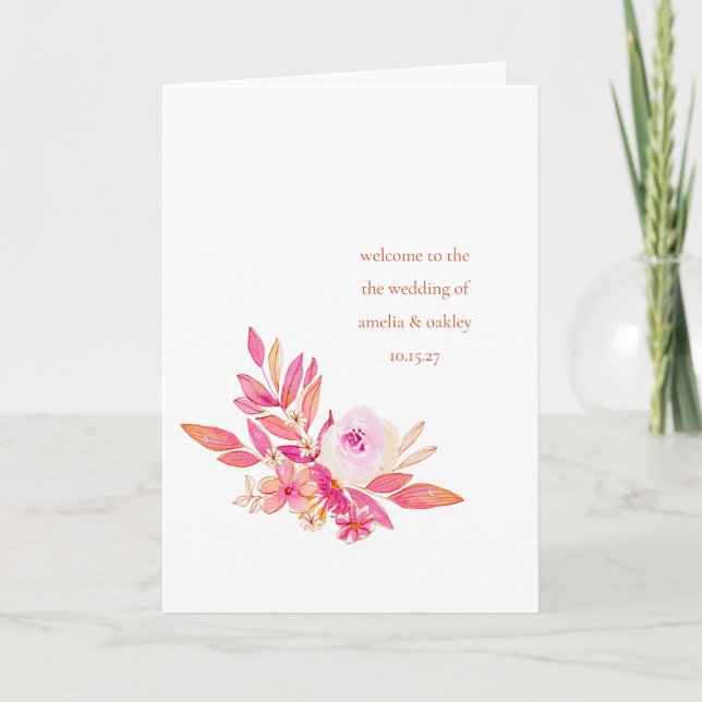 Custom Boho Pink Orange Floral Chic Custom Wedding Programme (Front)