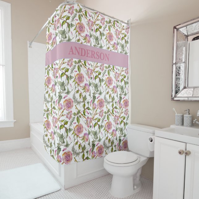 Custom Boho Pink Roses Flowers Print Shower Curtain (In Situ)