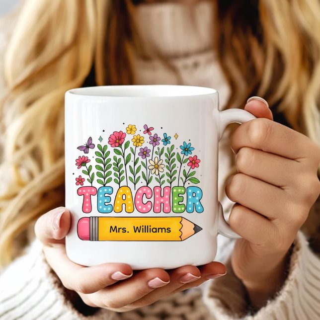Custom Boho Wildflowers Teacher Mug, Teacher Gift Coffee Mug (Elementary school teacher mug, Preschool teacher mug, kindergarten teacher mug, Teacher gift)