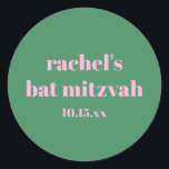 Custom Bold Pink Green Cute  Modern Bat Mitzvah Classic Round Sticker<br><div class="desc">Custom Bold Typography Bright Pink and Green Modern Bat Mitzvah Classic Round Sticker</div>