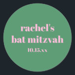 Custom Bold Pink Green Cute  Modern Bat Mitzvah Classic Round Sticker<br><div class="desc">Custom Bold Typography Bright Pink and Green Modern Bat Mitzvah Classic Round Sticker</div>