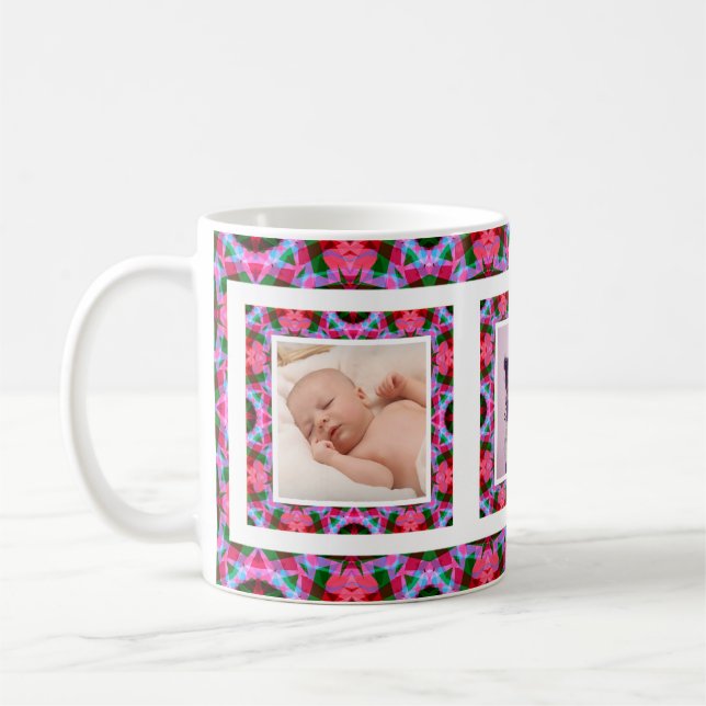 Custom Bold Pink Green Mother’s Day Mum Photo Tea Coffee Mug (Left)