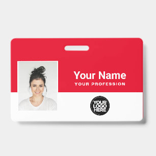 Custom Bold Red Employee Photo Name Logo Lanyard ID Badge