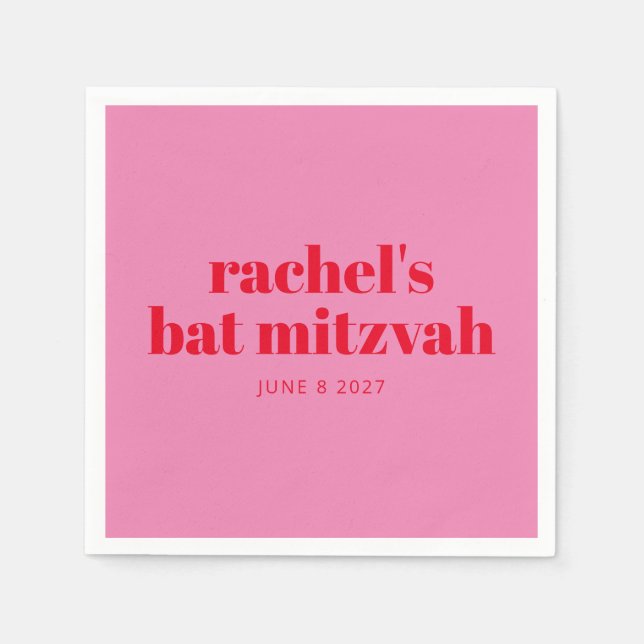 Custom Bold Typography Pink Red Modern Bat Mitzvah Napkin (Front)