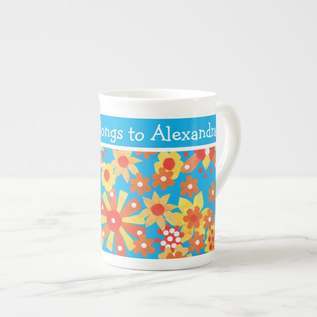 Custom Bone China Mug, Ditzy Orange Flowers Bone China Mug (Front Right)