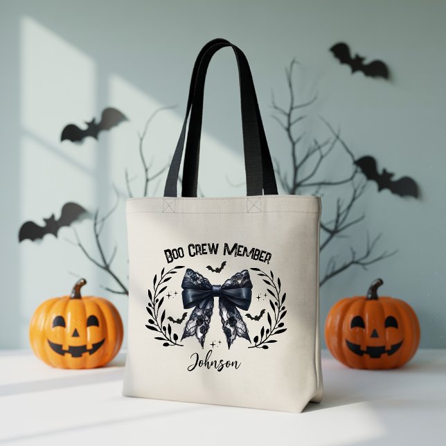 Custom Boo Crew tote, Halloween Coquette Bow Bag (Halloween Tote Bag, Trick or Treat Bag, Pumpkin Spice Tote Bag, Fall Season Bag, Spooky Coquette bag)