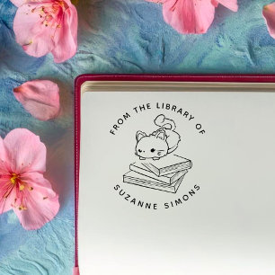 Custom Book   Cute Cat on Books Rubber Stamp