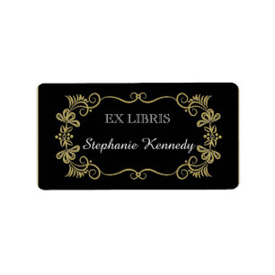 Custom Bookplates Gold Floral Frame On Black Label