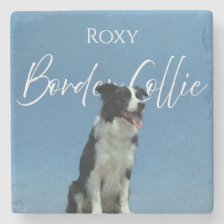 Custom Border Collie Photo Retro Blue Typography Stone Coaster