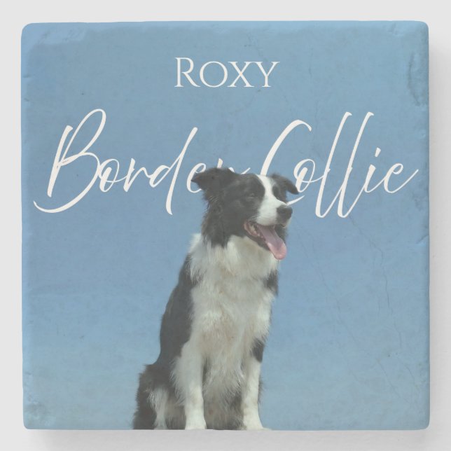 Custom Border Collie Photo Retro Blue Typography Stone Coaster (Front)