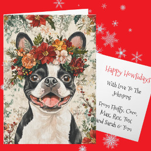 Custom Boston Terrier Christmas Floral Crown Holiday Card