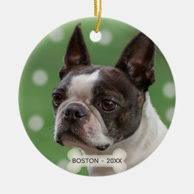 Custom Boston Terrier Dog Photo Ceramic Tree Decoration (Front)