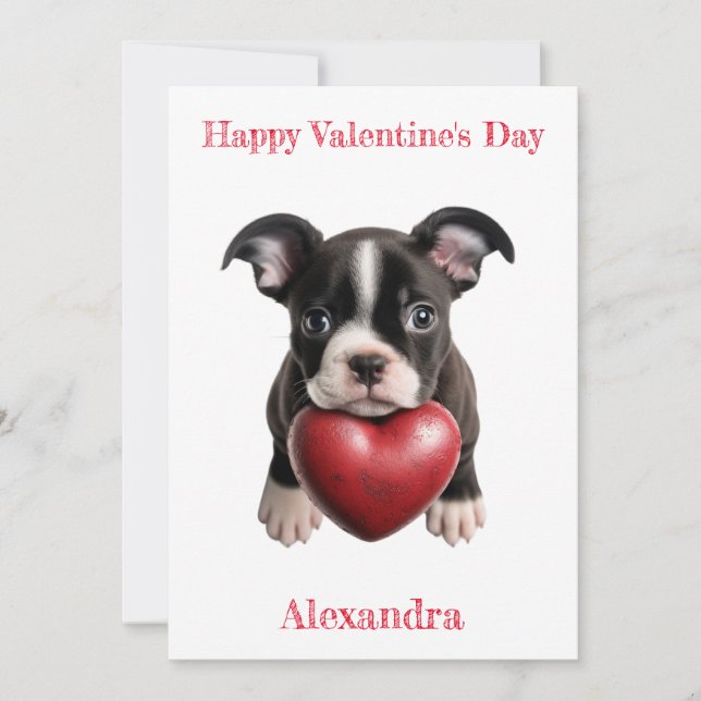 Custom Boston Terrier Pup with a Heart Valentine Holiday Card (Front)