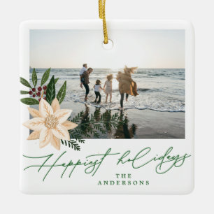 Custom Botanical Family Photo Holiday Keepsake Ceramic Ornament