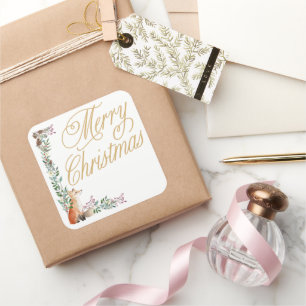 custom botanical fox watercolor merry christmas square sticker