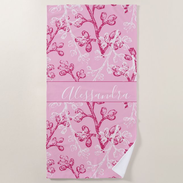Custom botanical pink beach towel (Front)