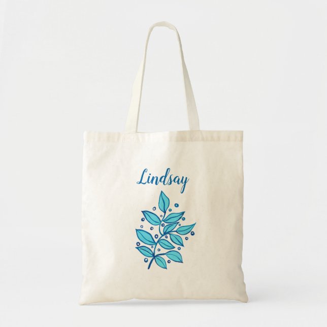 Custom Botanical Tote Bag in Blue and Navy (Front)